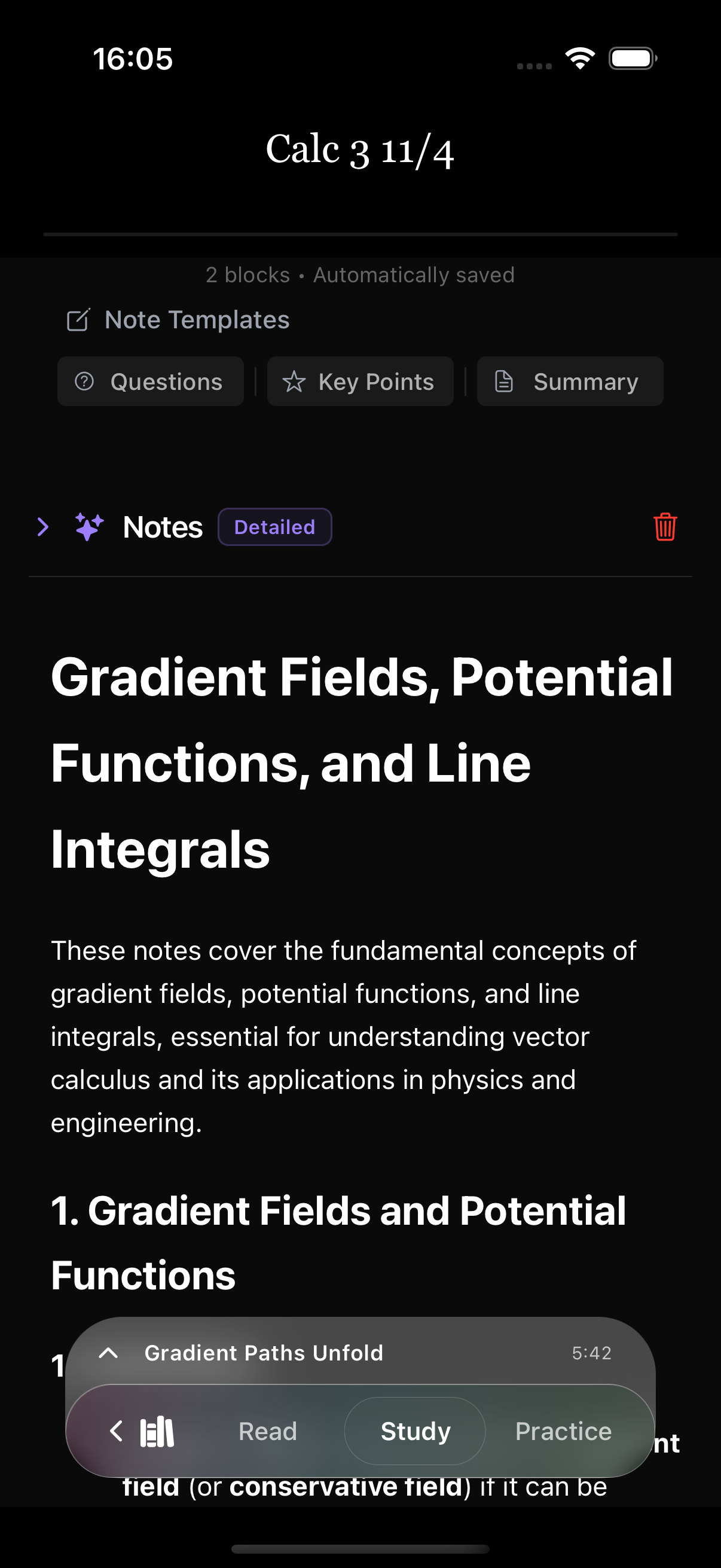 Alma app study mode showing notes and templates